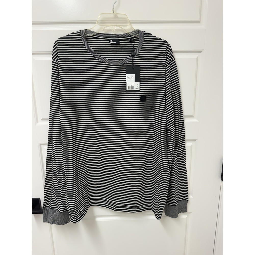 The Kooples Mens XL Black White Striped Knit Long Sleeve Shirt HTSL29002K NWT